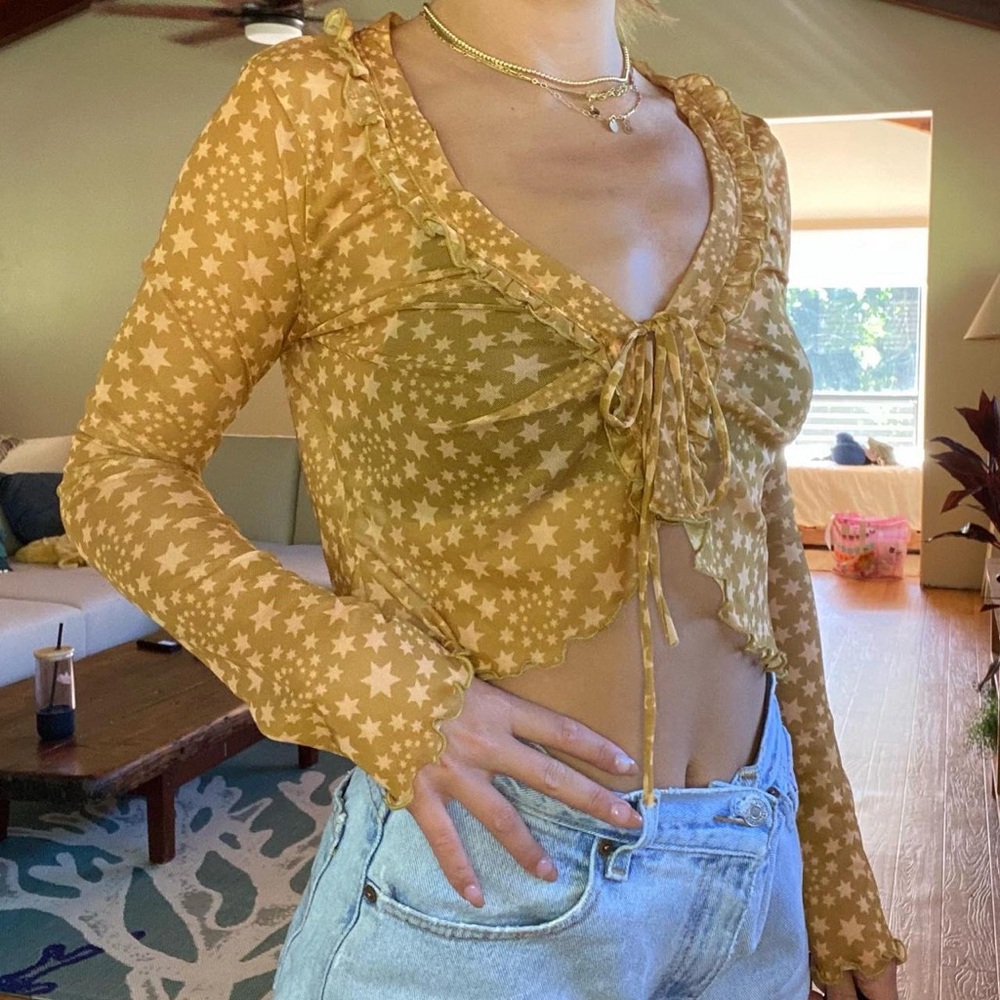 Free People Star-Print Tie-Front Sheer Crop Top - Mustard Yellow